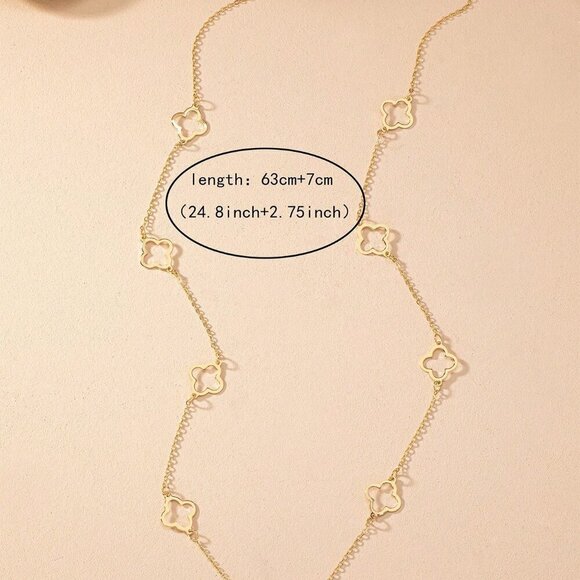 Yellow Gold Women's One Hollow Out Clover Pendant Long Chain Vintage Neclace - Picture 4 of 6